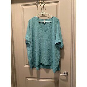 Zenana Teal Crepe V-Neck Top | Size XL (Fits Up to 2X) | Lightweight | NWOT